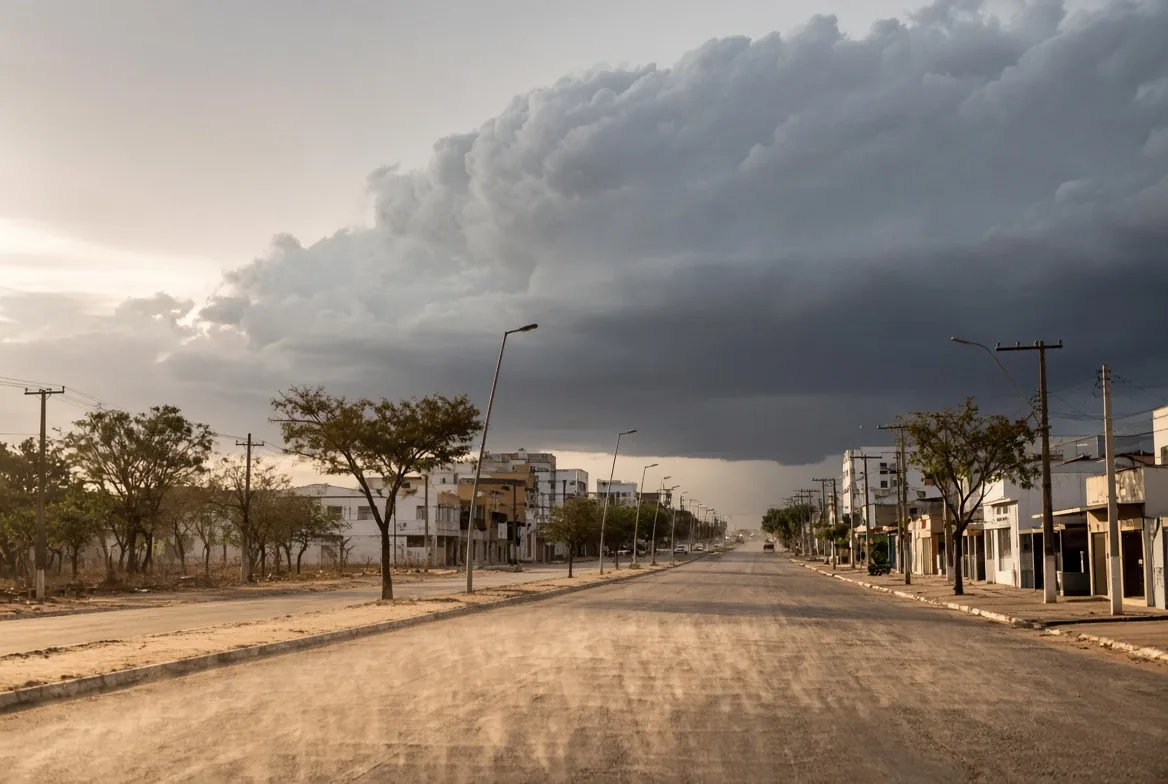 Avenida com poeira levantada pelo vento e nuvem escura de tempestade ao fundo, em ilustração sobre onda de calor