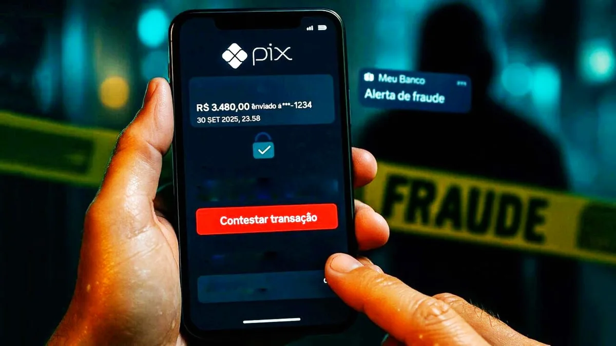 Celular mostra tela de contestação do MED Pix com botão vermelho; ao fundo, silhueta desfocada e fita amarela de fraude