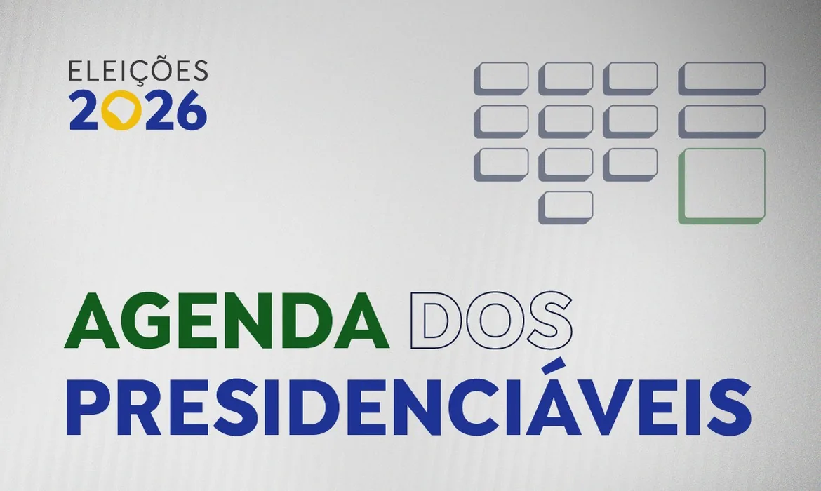 Arte de abertura da série Eleições 2026, com o título Agenda dos presidenciáveis e um desenho de teclado de urna eletrônica