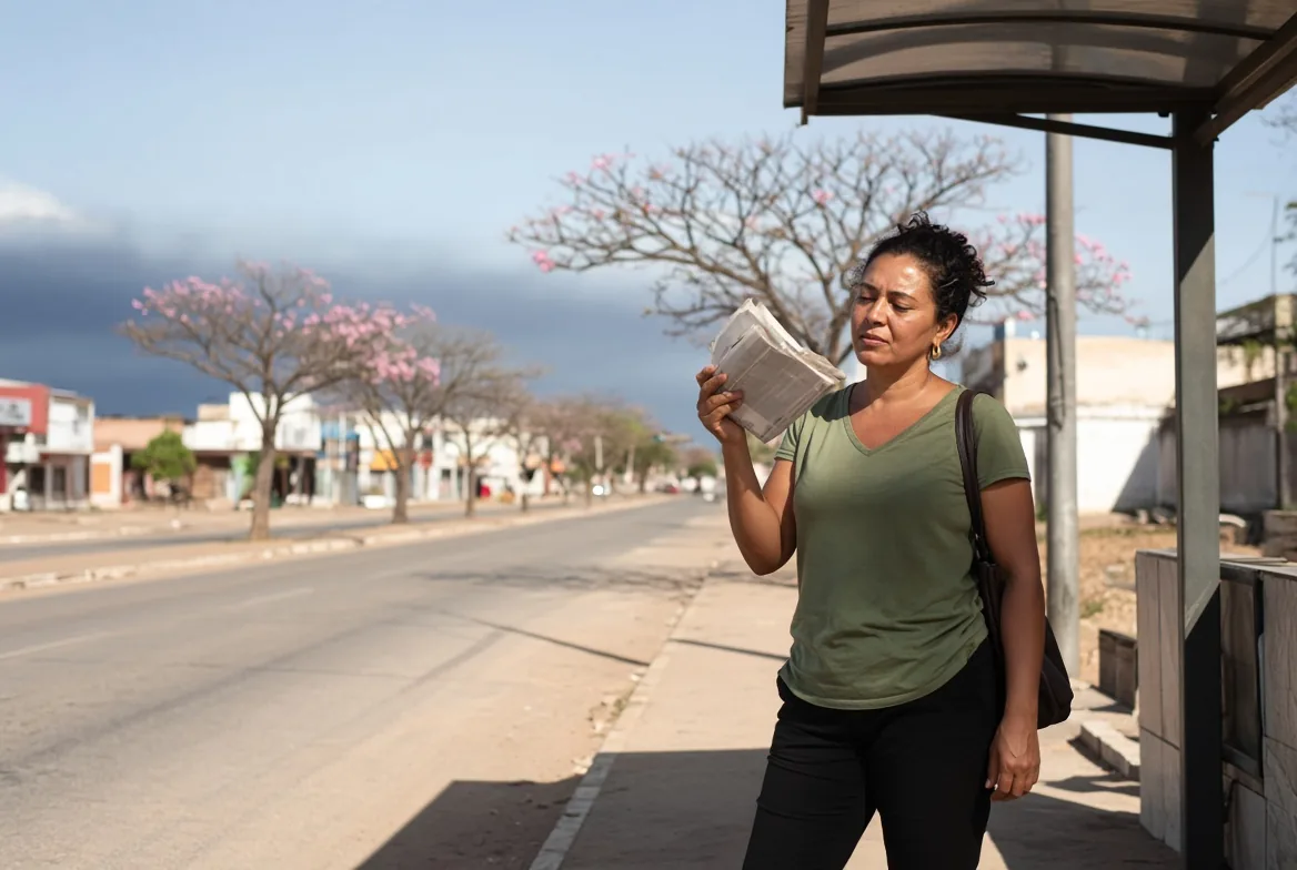 Mulher de camiseta verde se abana com um jornal dobrado em ponto de ônibus de avenida vazia, sob sol forte, entre árvores floridas sem folhas e uma faixa de nuvem escura no horizonte.